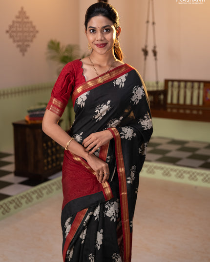 Muslin silk saree black and maroon with floral butta prints and zari woven border