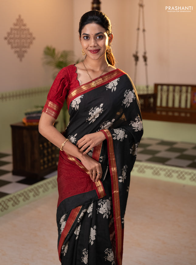 Muslin silk saree black and maroon with floral butta prints and zari woven border