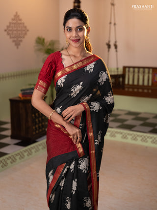 Muslin silk saree black and maroon with floral butta prints and zari woven border