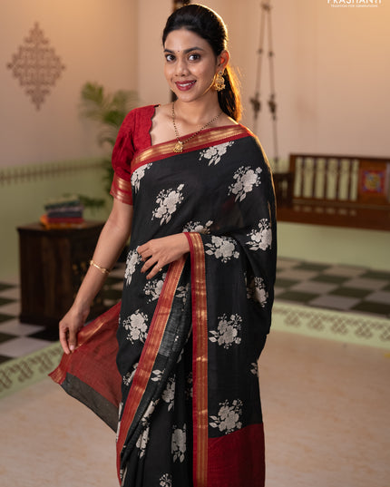 Muslin silk saree black and maroon with floral butta prints and zari woven border