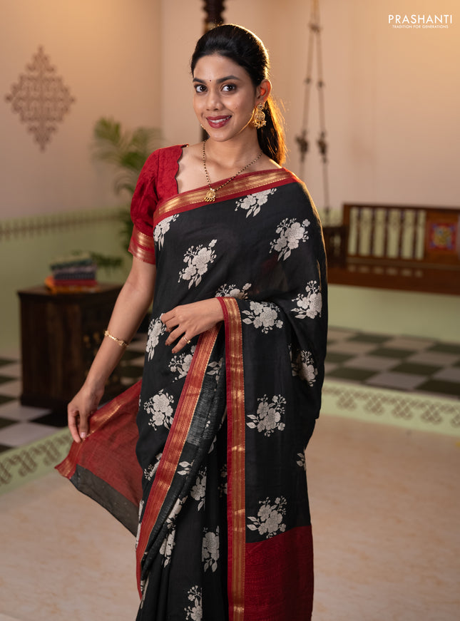Muslin silk saree black and maroon with floral butta prints and zari woven border