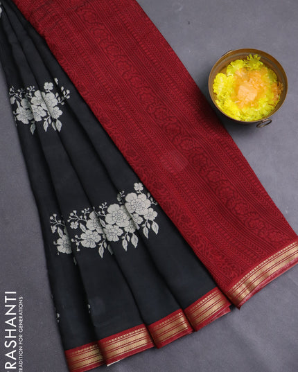Muslin silk saree black and maroon with floral butta prints and zari woven border