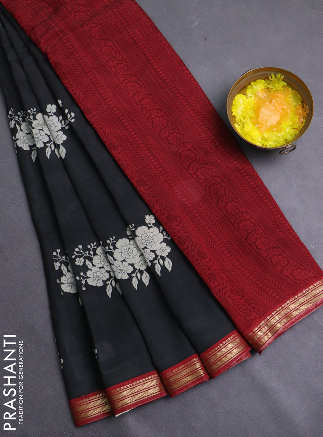 Muslin silk saree black and maroon with floral butta prints and zari woven border
