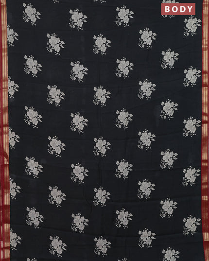 Muslin silk saree black and maroon with floral butta prints and zari woven border