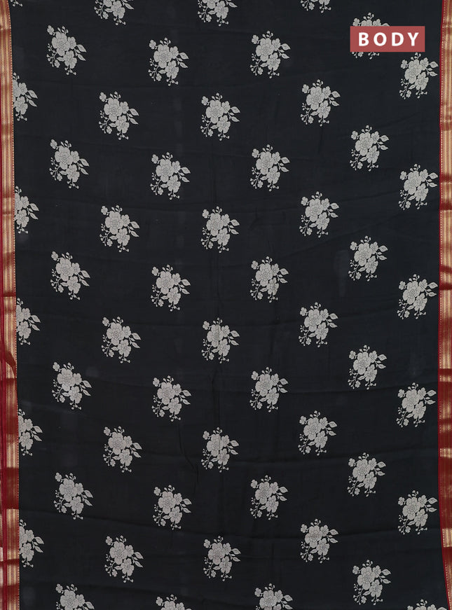 Muslin silk saree black and maroon with floral butta prints and zari woven border