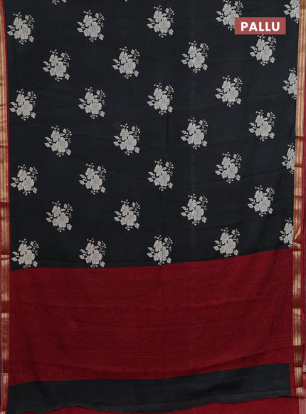 Muslin silk saree black and maroon with floral butta prints and zari woven border