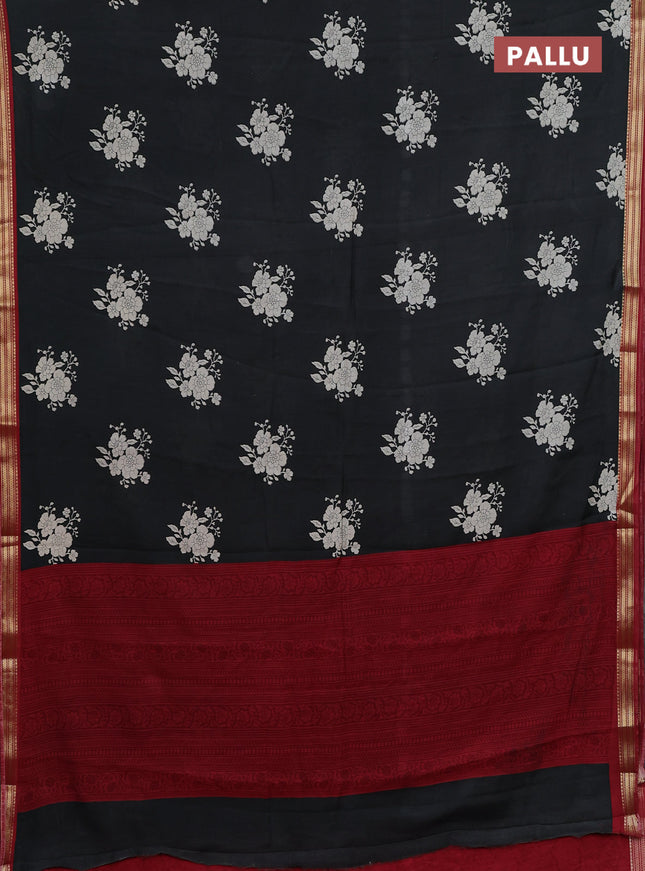 Muslin silk saree black and maroon with floral butta prints and zari woven border