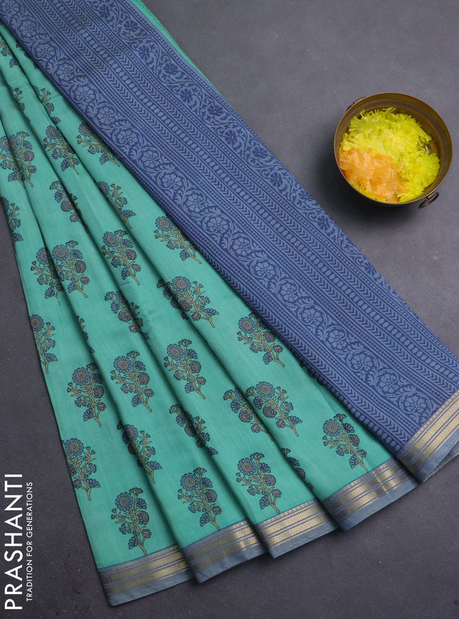 Muslin silk saree teal green shade and grey with allover floral butta prints and zari woven border