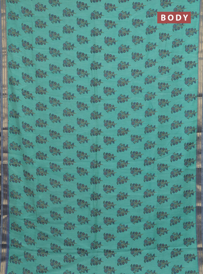 Muslin silk saree teal green shade and grey with allover floral butta prints and zari woven border