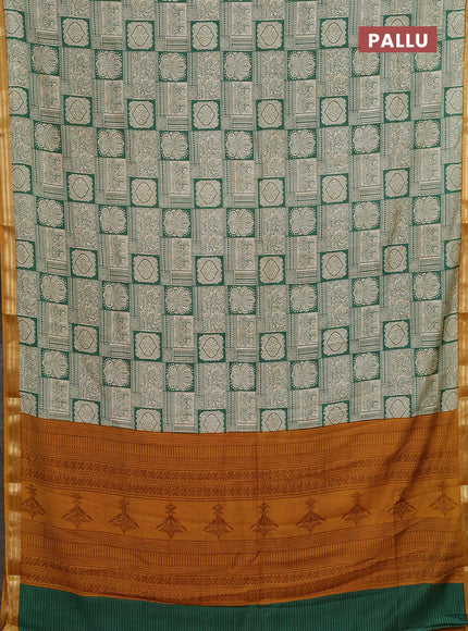 Muslin silk saree green beige and mustard yellow with allover prints and zari woven border