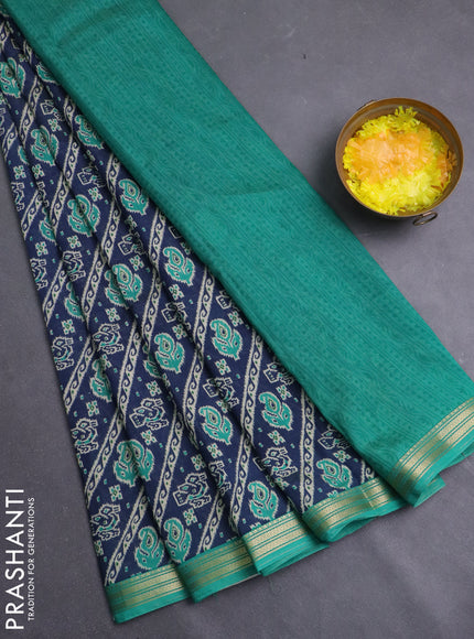Muslin silk saree navy blue and teal green with allover ikat prints and zari woven border