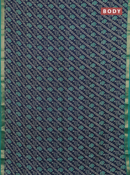 Muslin silk saree navy blue and teal green with allover ikat prints and zari woven border