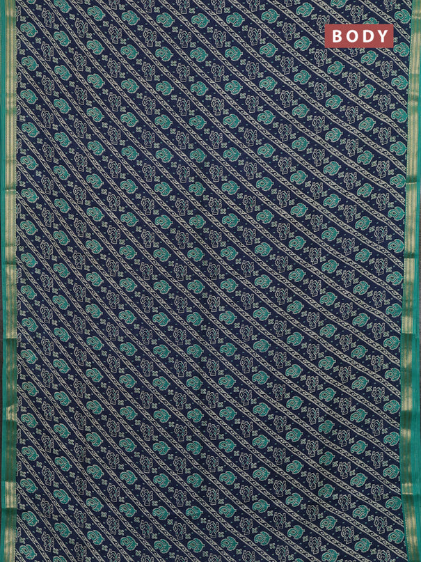 Muslin silk saree navy blue and teal green with allover ikat prints and zari woven border