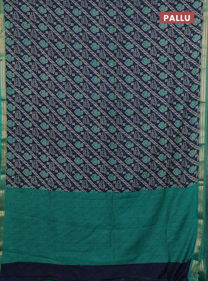 Muslin silk saree navy blue and teal green with allover ikat prints and zari woven border