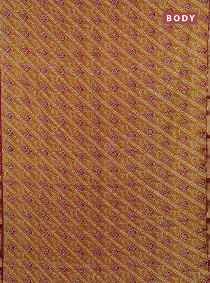 Muslin silk saree mustard yellow and maroon with allover ikat prints and zari woven border
