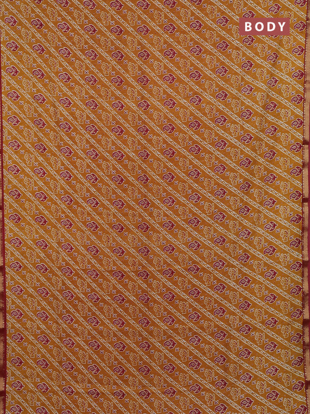 Muslin silk saree mustard yellow and maroon with allover ikat prints and zari woven border