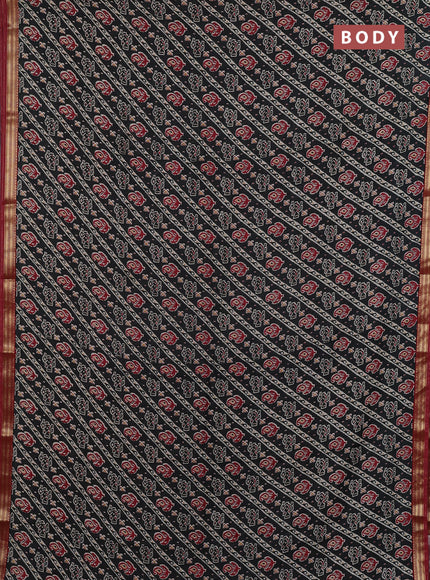 Muslin silk saree black and maroon with allover ikat prints and zari woven border