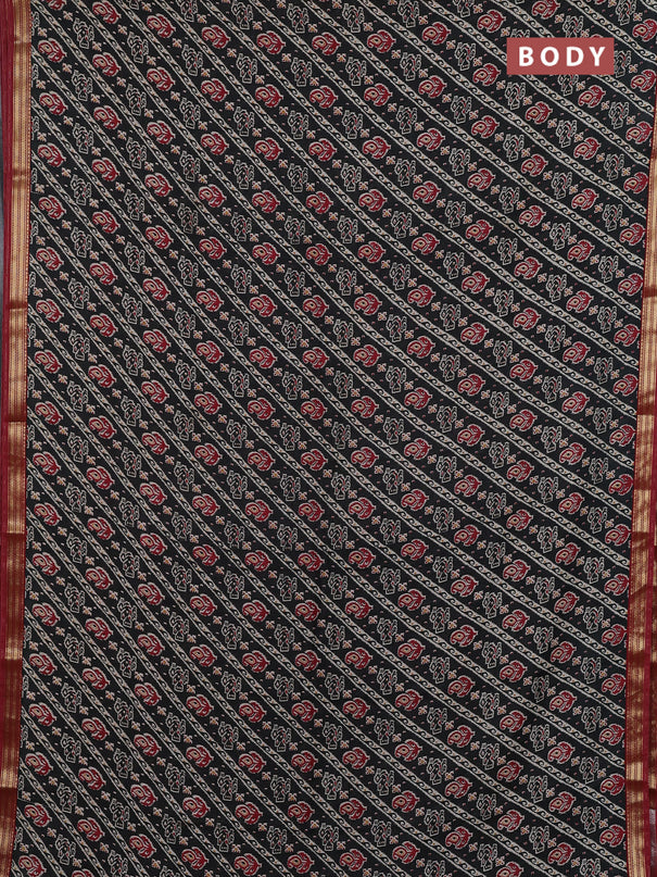 Muslin silk saree black and maroon with allover ikat prints and zari woven border