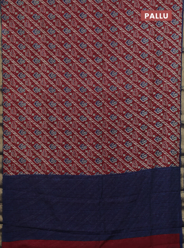 Muslin silk saree maroon and blue with allover ikat prints and zari woven border