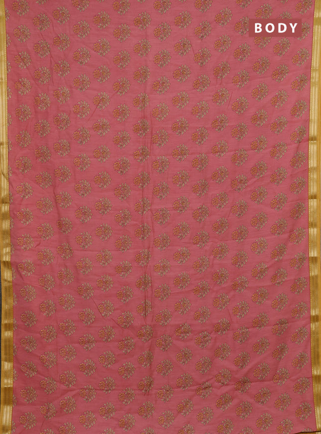 Muslin silk saree peach shade and mustard yellow with allover floral butta prints and zari woven border