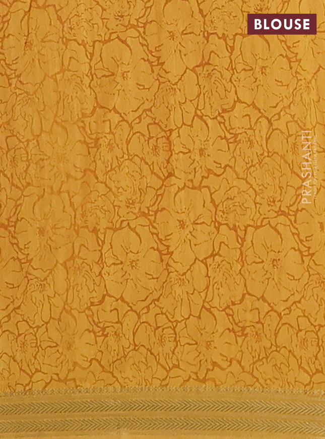 Muslin silk saree peach shade and mustard yellow with allover floral butta prints and zari woven border