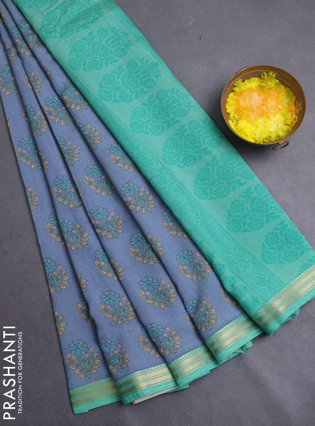 Muslin silk saree greyish blue and teal green shade with allover floral butta prints and zari woven border