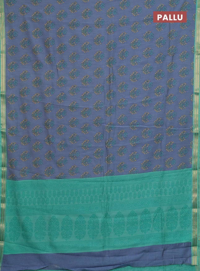 Muslin silk saree greyish blue and teal green shade with allover floral butta prints and zari woven border