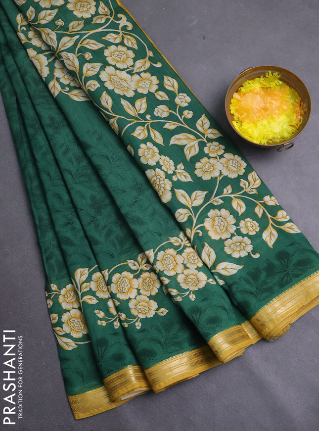 Muslin silk saree green and mustard yellow with allover floral prints and zari woven border