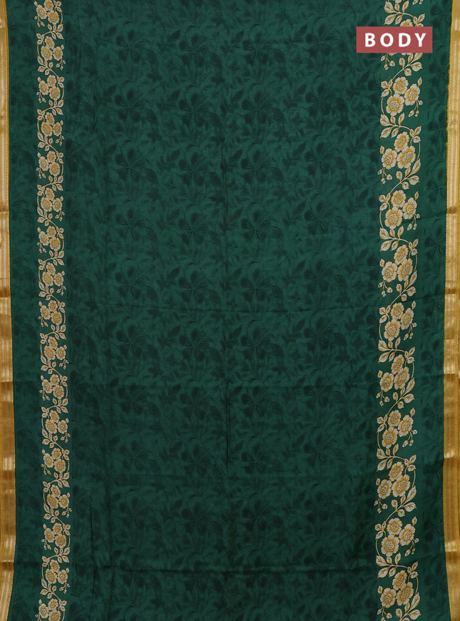 Muslin silk saree green and mustard yellow with allover floral prints and zari woven border