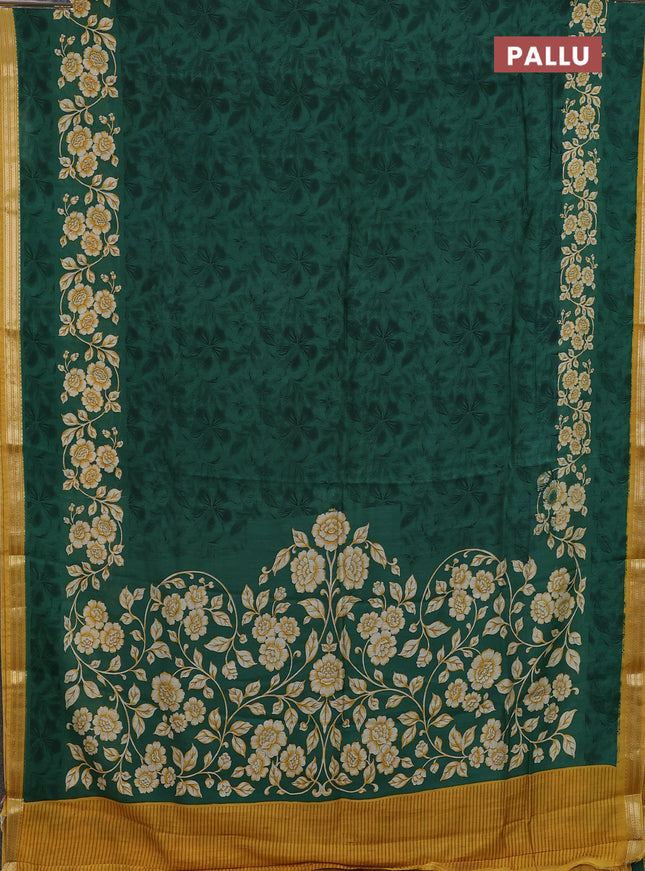Muslin silk saree green and mustard yellow with allover floral prints and zari woven border