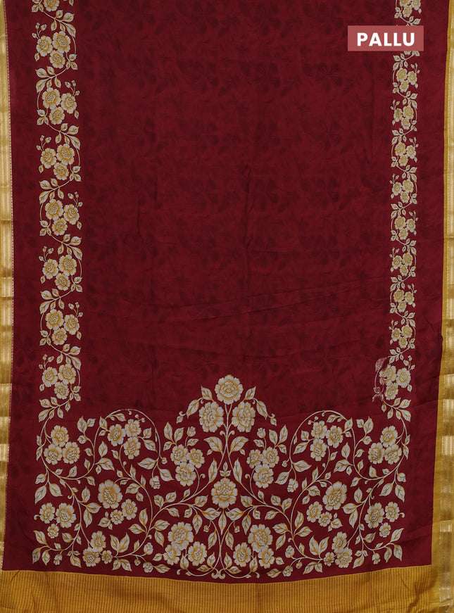 Muslin silk saree maroon and mustard yellow with allover floral prints and zari woven border