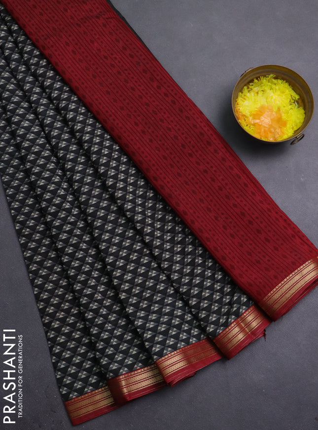Muslin silk saree black and maroon with allover geometric prints and zari woven border