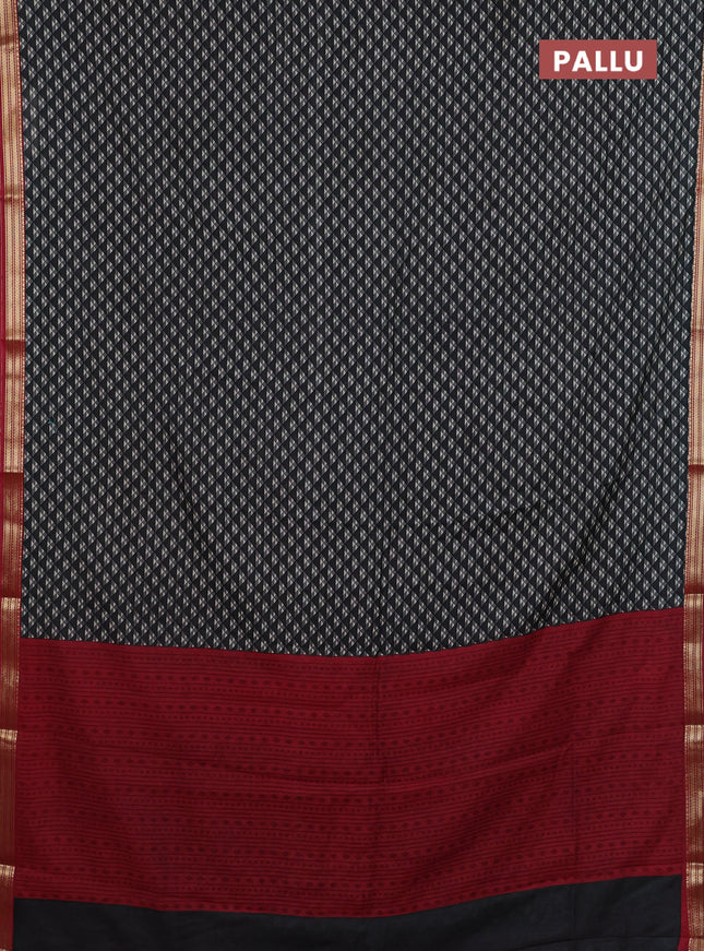 Muslin silk saree black and maroon with allover geometric prints and zari woven border