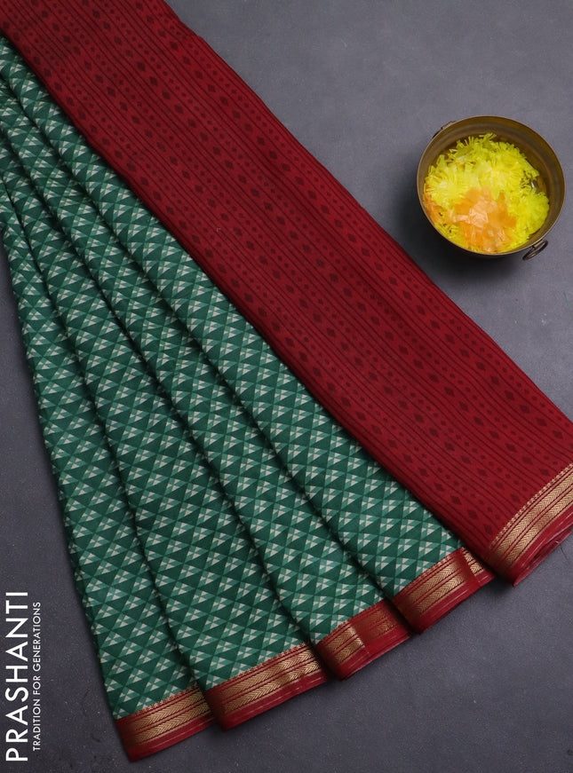 Muslin silk saree green and maroon with allover geometric prints and zari woven border