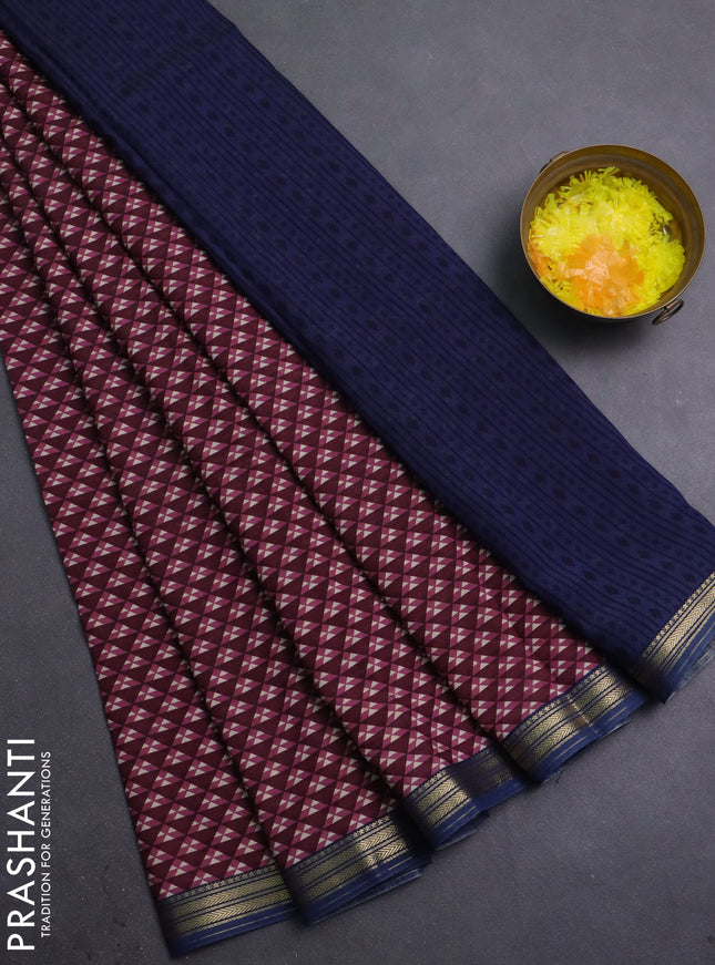 Muslin silk saree pastel maroon and blue with allover geometric prints and zari woven border
