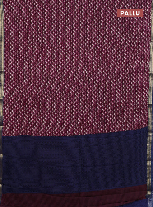Muslin silk saree pastel maroon and blue with allover geometric prints and zari woven border