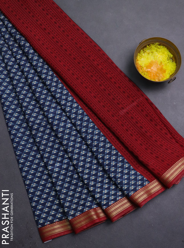 Muslin silk saree navy blue and maroon with allover geometric prints and zari woven border
