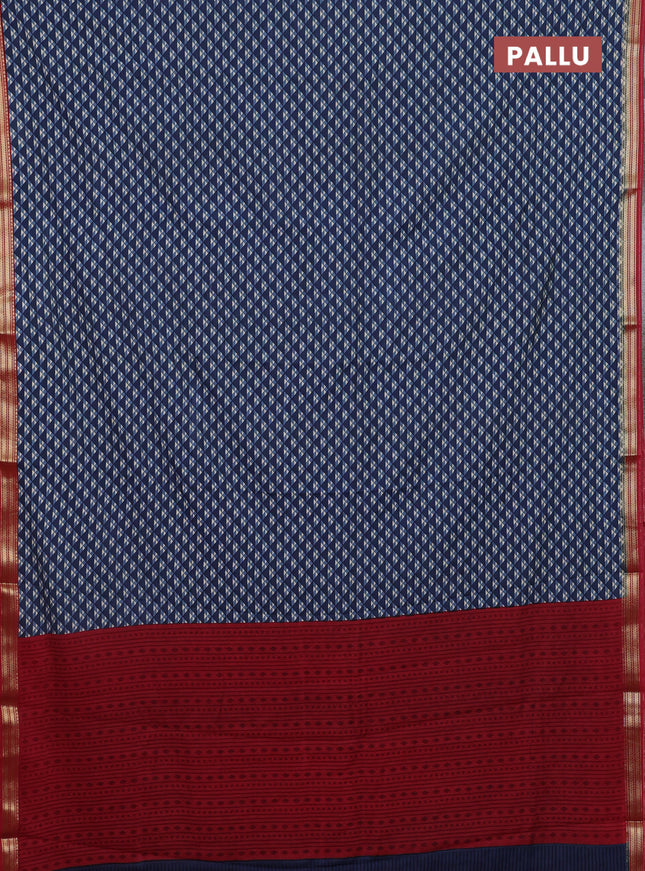 Muslin silk saree navy blue and maroon with allover geometric prints and zari woven border