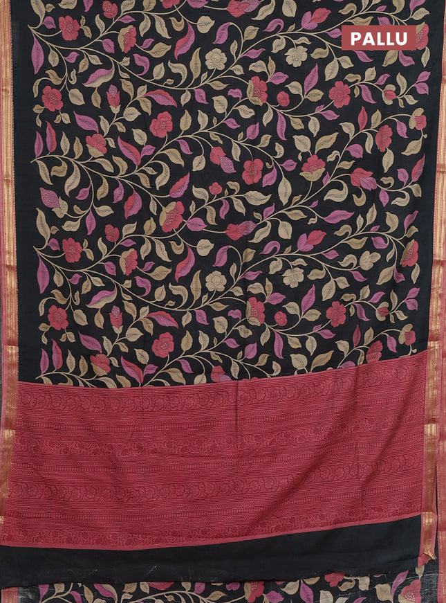 Muslin silk saree black and dark peach with allover floral prints and zari woven border