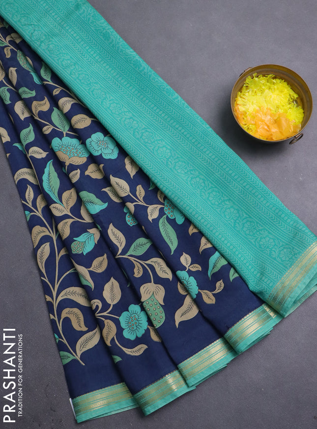 Muslin silk saree navy blue and teal blue with allover floral prints and zari woven border