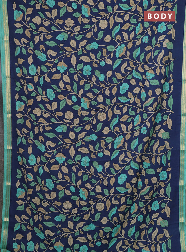Muslin silk saree navy blue and teal blue with allover floral prints and zari woven border
