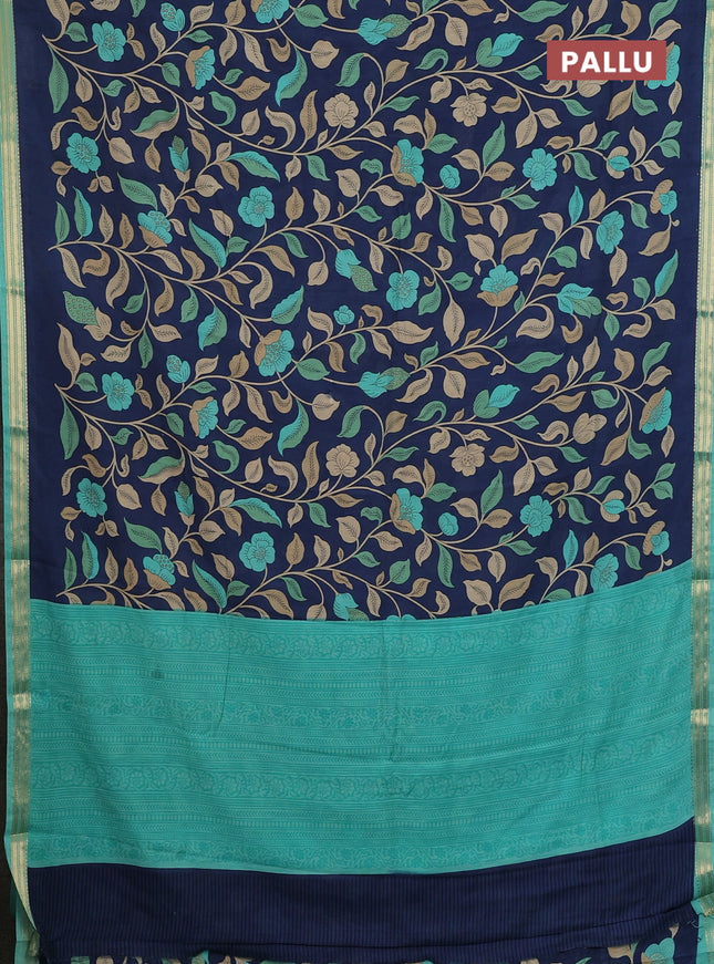 Muslin silk saree navy blue and teal blue with allover floral prints and zari woven border