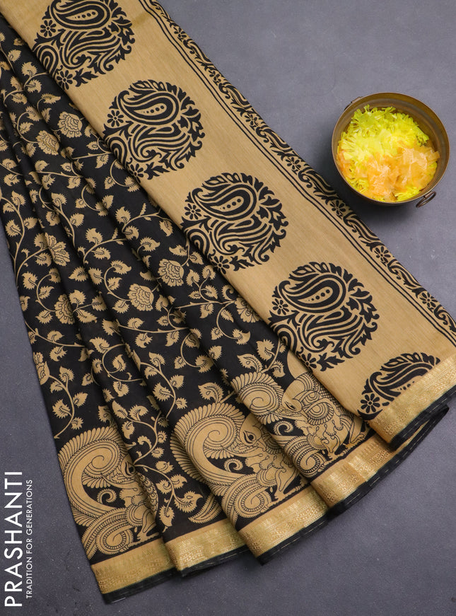 Muslin silk saree black and sandal with allover kalamkari prints and zari woven border