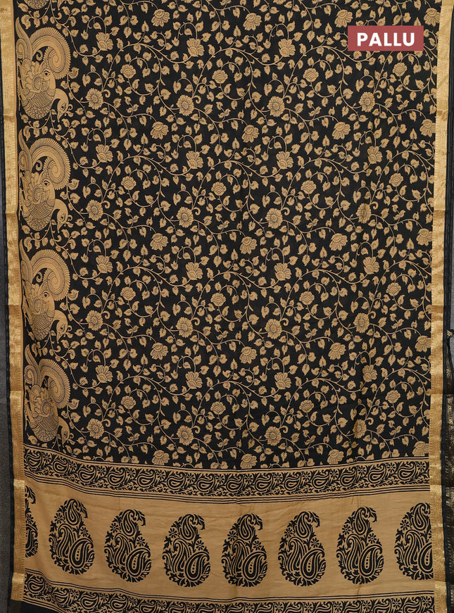 Muslin silk saree black and sandal with allover kalamkari prints and zari woven border