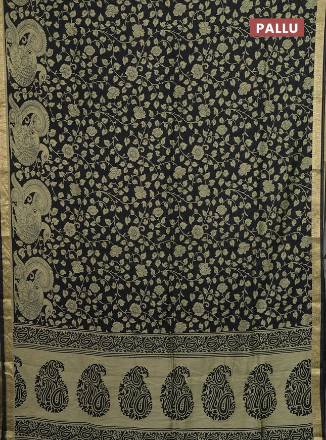 Muslin silk saree black and elaichi green with allover kalamkari prints and zari woven border
