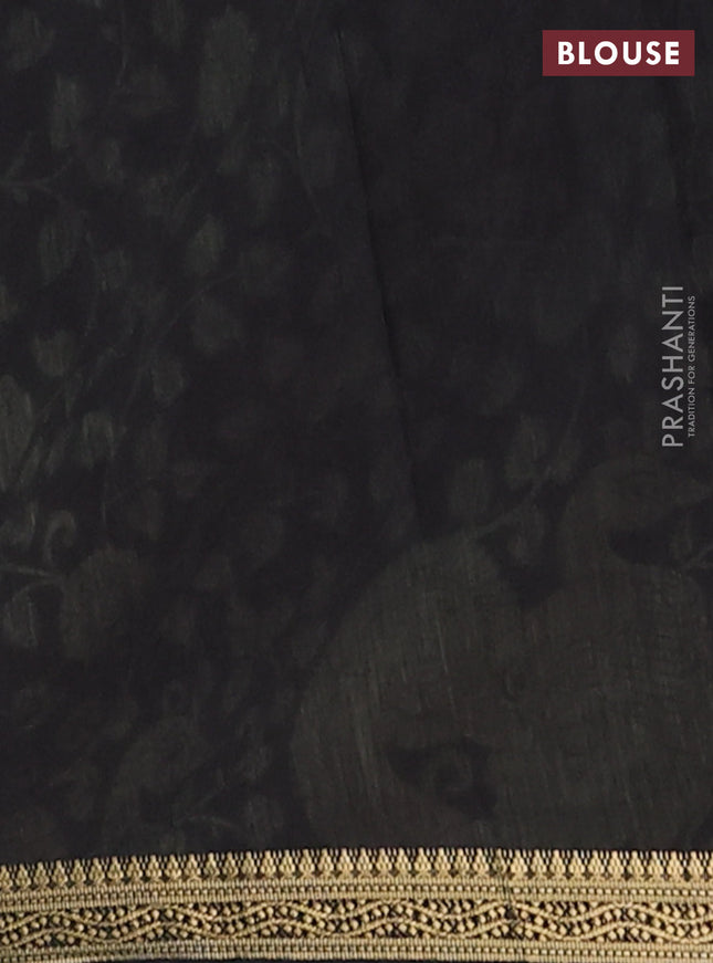 Muslin silk saree black and elaichi green with allover kalamkari prints and zari woven border