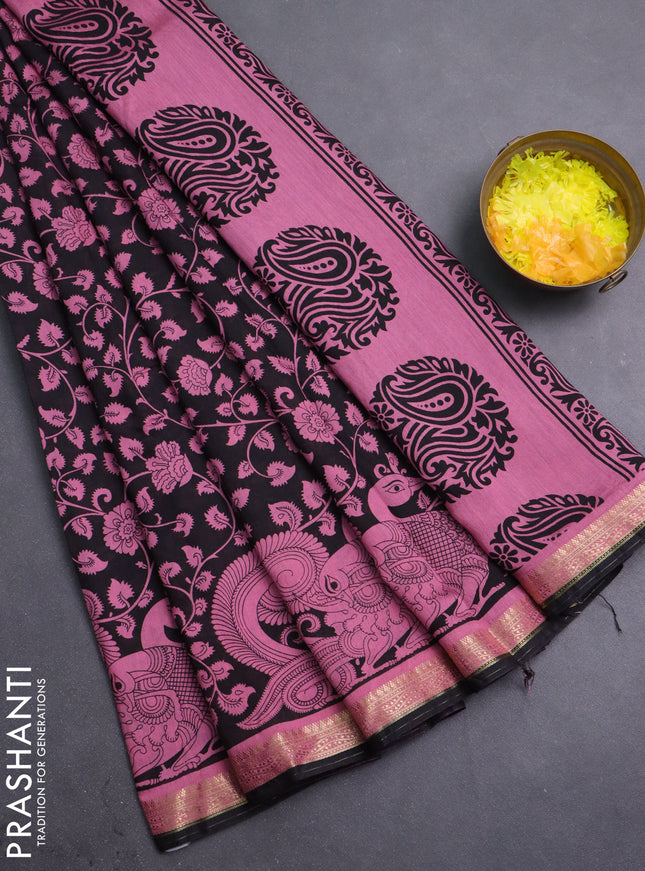 Muslin silk saree black and pink with allover kalamkari prints and zari woven border