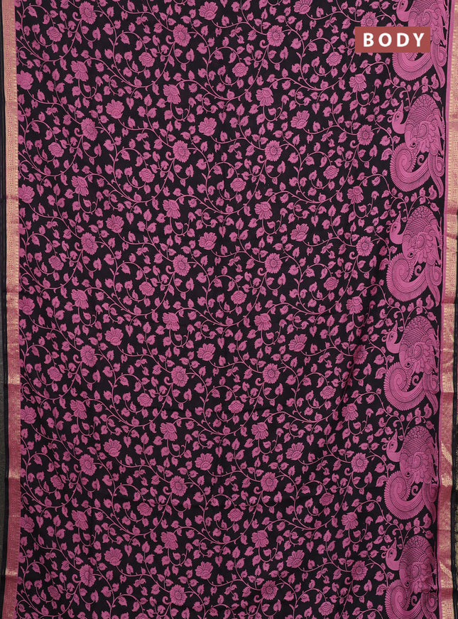 Muslin silk saree black and pink with allover kalamkari prints and zari woven border
