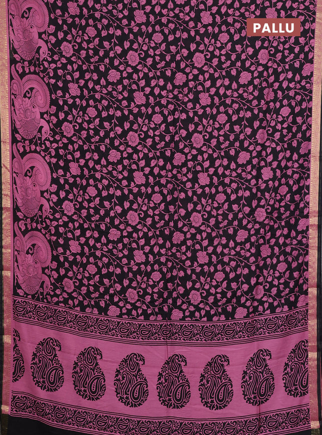 Muslin silk saree black and pink with allover kalamkari prints and zari woven border