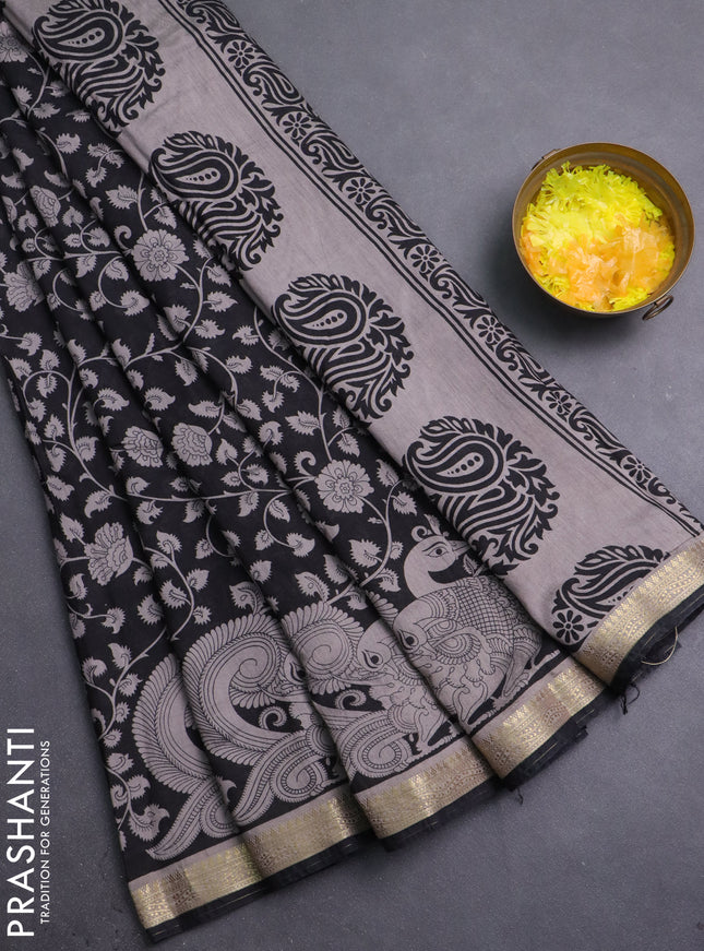 Muslin silk saree black and pastel brown with allover kalamkari prints and zari woven border
